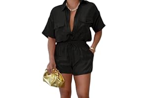KORSSYEE 2 Piece Outfits for Women Summer Casual Short Sleeve Button Down Tops Blouses Shirts and Shorts Set with Pockets Romper