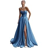 Loravita Satin Wedding Dresses for Bride Strapless Prom Dress Ruched Bridal Gown with Slit