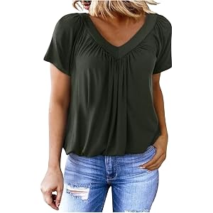 Hnodov Womens V Neck T Shirts Short Sleeve Summer Casual Shirt Banded-Bottom Loose Fit Basic Tops Pleated Blouse