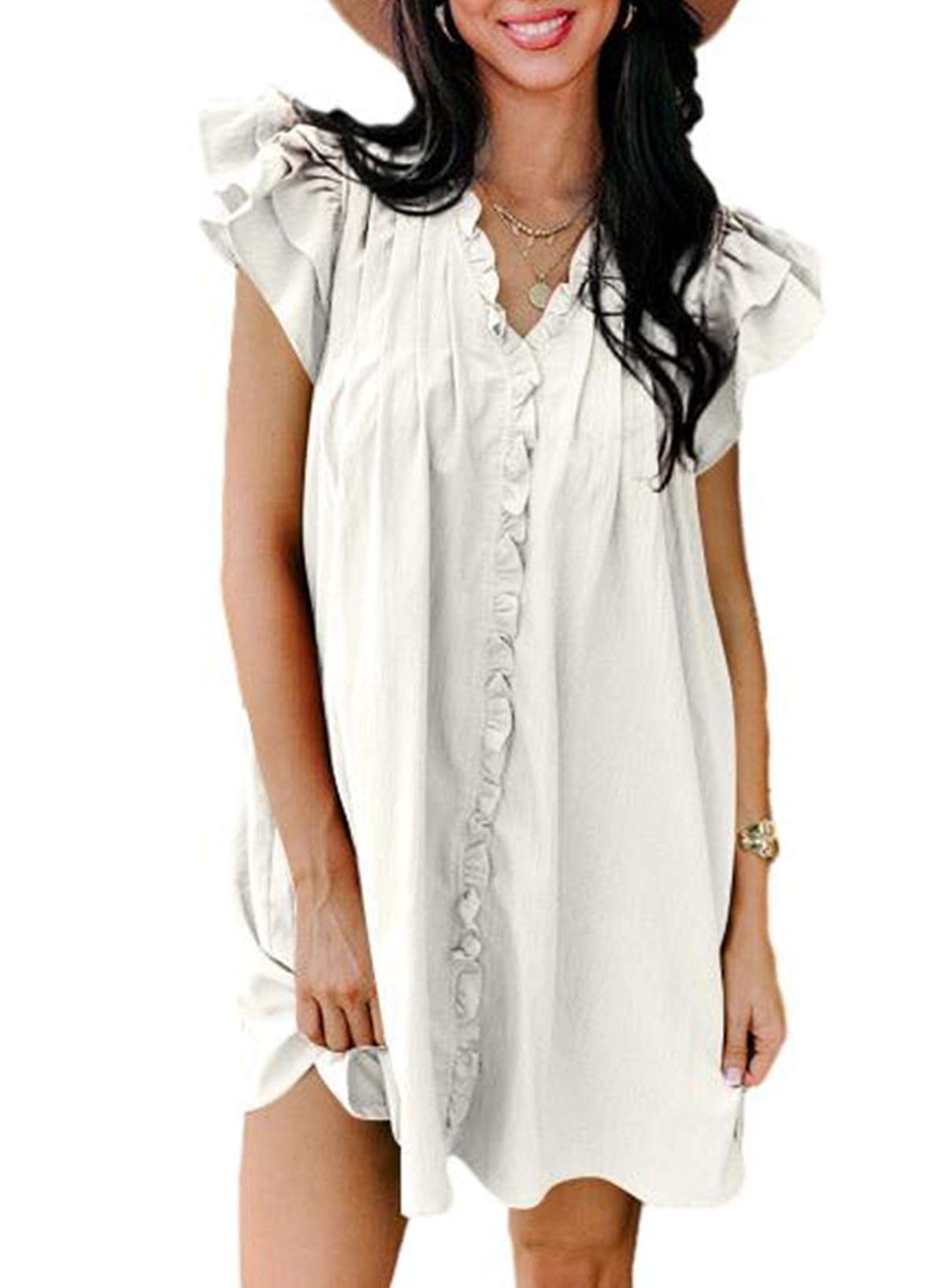 Photo 1 of AlvaQ White Dresses for Women Summer Layered Cap Sleeve Pleated Ruffle Babydoll Dress Elegant V Neck Flowy Tunic Mini Dresses White Medium