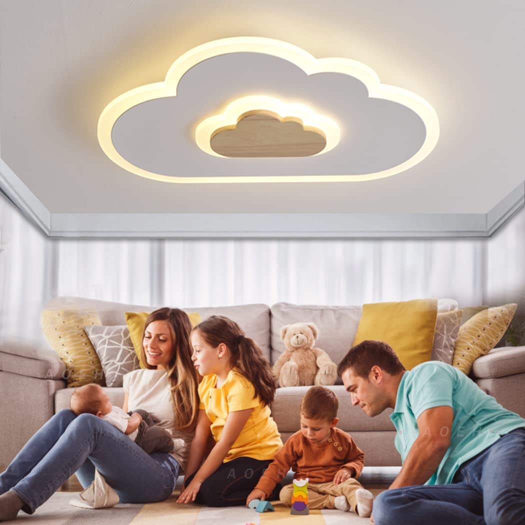 AOEH LED Cloud Lamp Dimmable Kindergarten Ceiling Light with Remote Control, White 20W Wood Children's Ceiling Light for Kids Room, Girls & Boy Bedroom, Nursery, 40cm