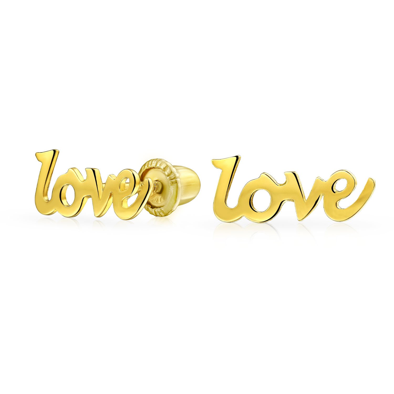Petite Minimalist Real Yellow Gold Word Symbol Of Love Stud Earrings For Women Teen Girlfriend Secure Screw back — image 1