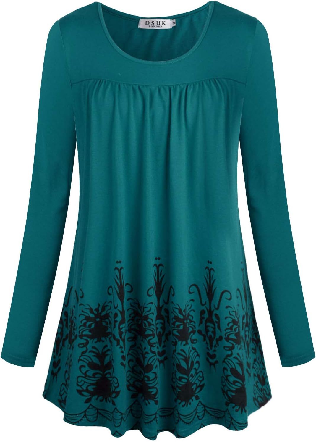 DSUK Women's Split Neck Short Sleeve Pleated Floral Button Casual Tunic Tops
