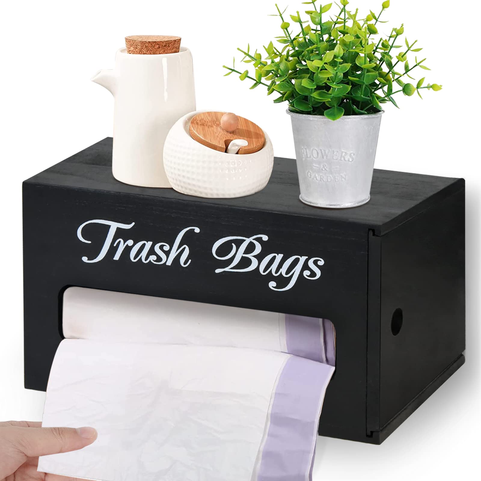 Photo 1 of Wooden Trash Bag Dispenser, Wall Mounted Farmhouse Plastic Bag Roll Holder, Garbage Can Liner Organizer, Black