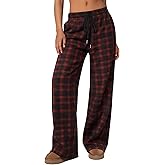 Xaatren Women's Plaid Pants Gingham Lounge Pajama Pants Drawstring Loose Bottoms Wide Leg Trousers with Pockets