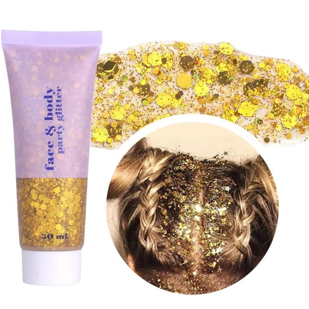 Beliky Girl Body Glitter Gel, 50ml Face Glitters Body Sequins Shimmer Liquid Eyeshadow, Mermaid Sequins Liquid Holographic Glitter Gel, Chunky Glitters for Eye Hair Nail DIY Art(Gold)