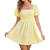 JKMNAO Women's Summer Square Neck Short Dress Puff Sleeve Off Shoulder Sundress Casual A Line Mini Graduation Dresses