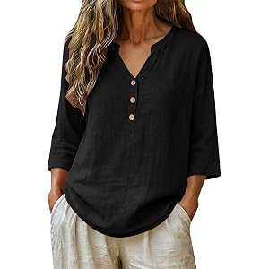 Women's Summer Tops 3/4 Sleeve V Neck Cotton Linen Shirts Dressy Casual Gauze Beach Vacation Clothes