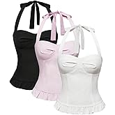 MakeMeChic Women's 3 Pack Casual Halter Tops Polka Dots Gingham Print Shirred Back Summer Tank Tops