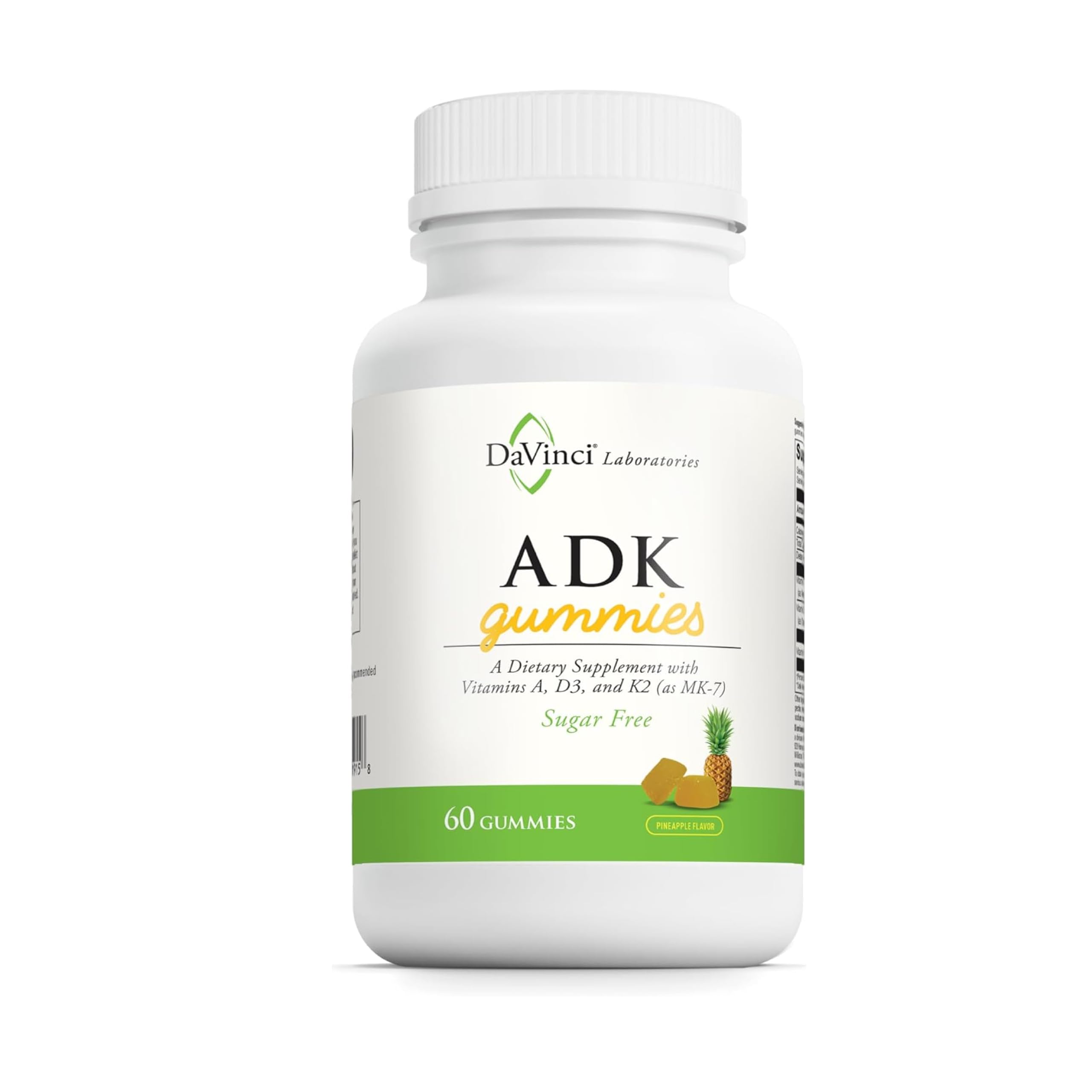 DAVINCI Labs ADK Gummies - Helps Support Bone Health & Immune Response* - Multivitamin Gummy with Vitamins A, D3 & MK-7 - Vegetarian, Gluten Free, Soy Free - Pineapple Flavor - 60 Gummies Image