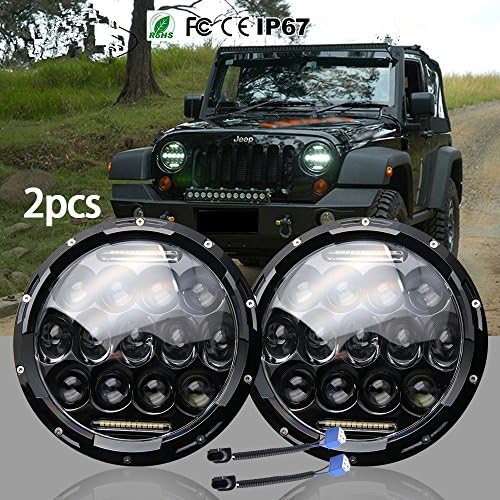 7" LED Round Headlight with 6000K Hi/lo Beam and DRL lamp for Off-road Motorcycle with H4 Plug H4-h13 Adapter Angel Eye (Pair)