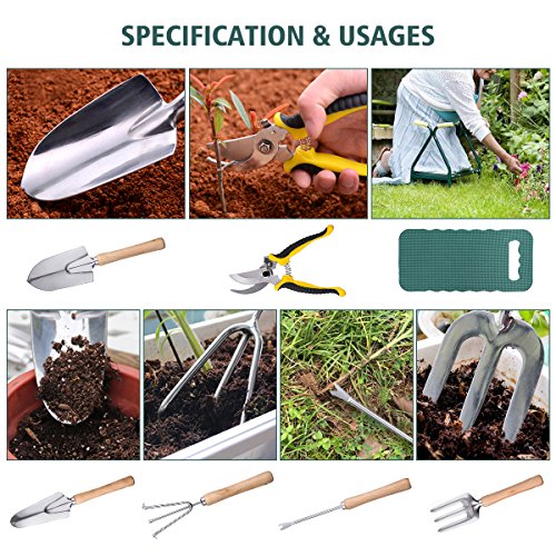 DRILLPRO 9 Piece Garden Tool Set, Gardening Steel Tools All-In-One Tool Bag, Durable Folding Stool, Stainless Steel Hand Tools Kit Bag  - Thumbnail 6