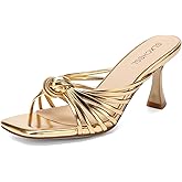 SLXCHBSL Strappy Kitten Heels for Women Knotted Square Open Toe Sandals Slip On Heels for Party Wedding Holiday