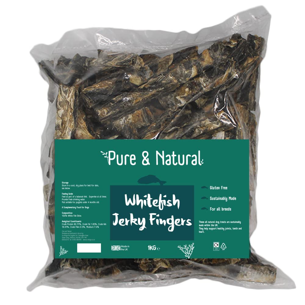 Pure & Natural 100% Natural Whitefish Jerky Fish Fingers 1kg - Low Fat, Grain Free Dog Treats