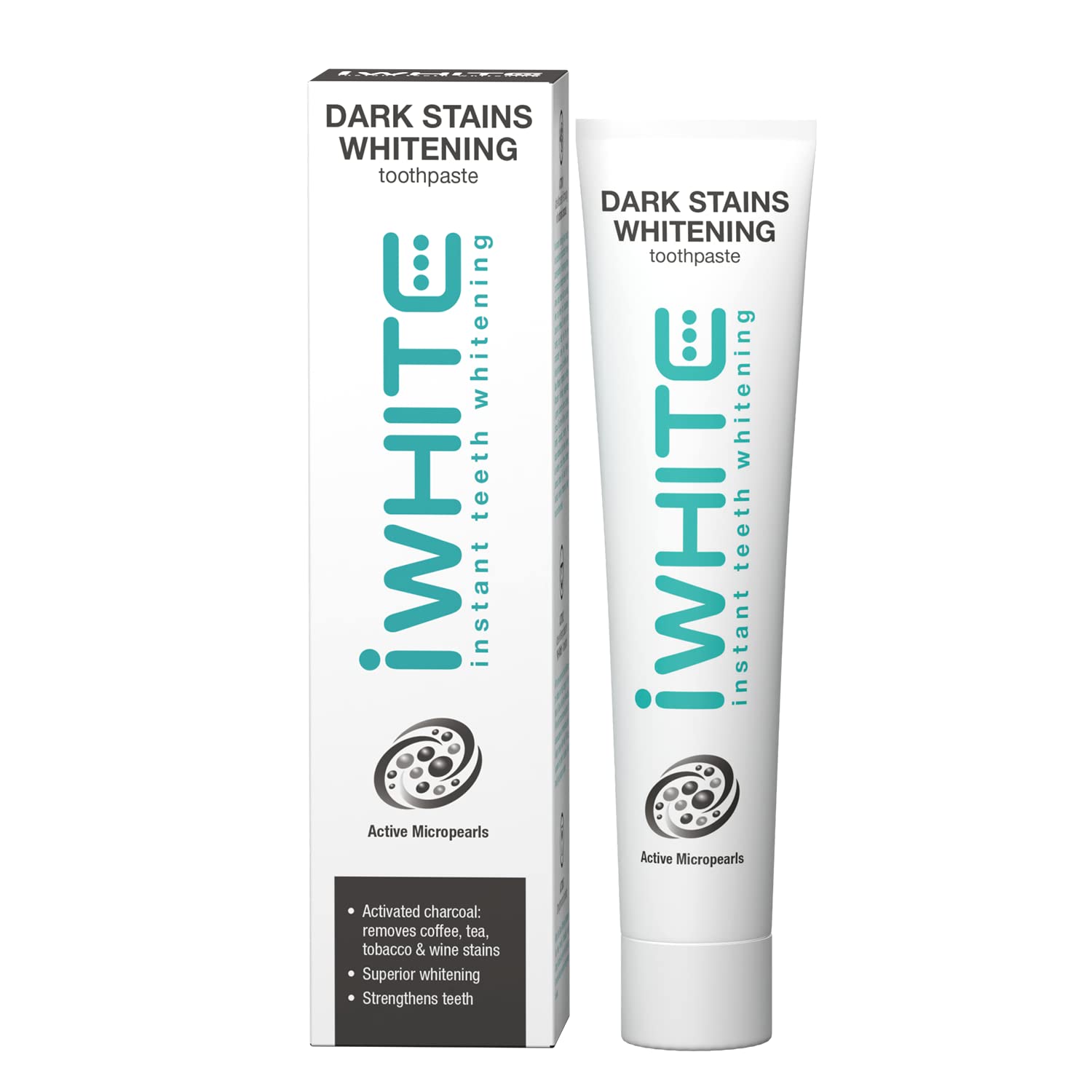 iWhite Dark Stains Whitening Toothpaste – Activated Charcoal & Micropearls for Stain Removal – Gently Whitens Teeth & Restores Enamel – 75ml