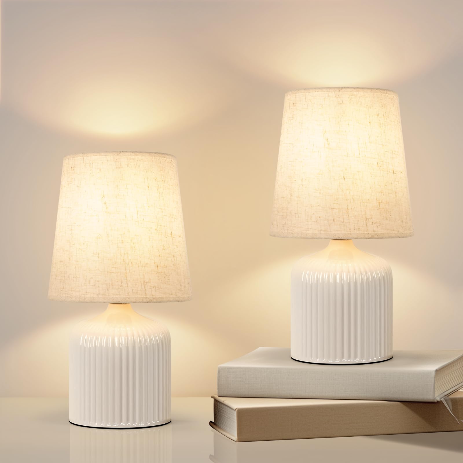 FRIDEKO HOME Ceramic Bedroom Lamps Set of 2 - White Modern Table Lamps ...
