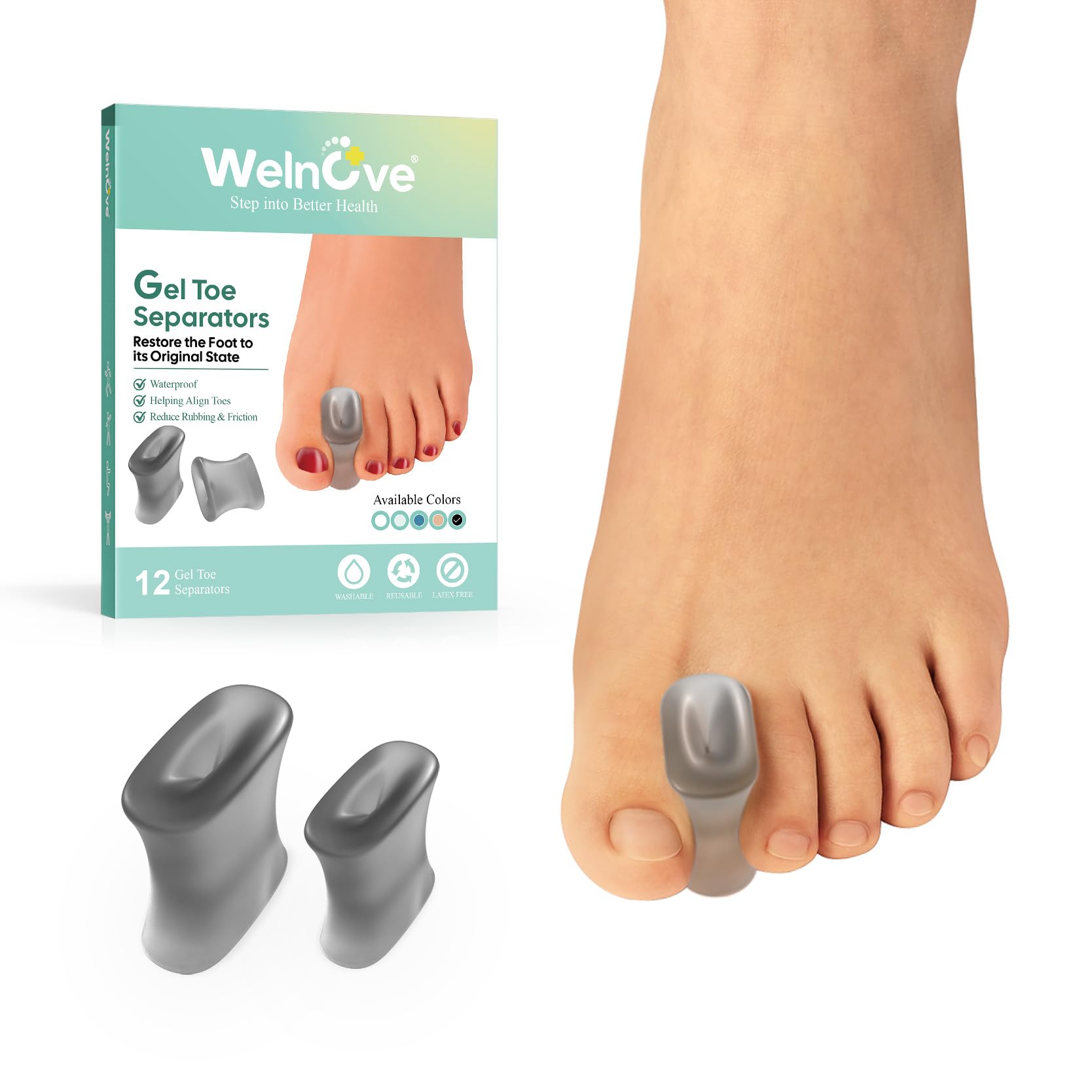 Photo 1 of Welnove 12-Pack Gel Toe Separators – Bunion Pads – Toe Spacers for Straightening Overlapping Toes for Men and Women - Transparent Black