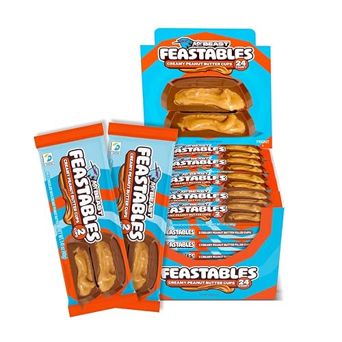 Feastables MrBeast Peanut Butter Cups, Milk Chocolate & Creamy Peanut Butter Filling, Cups for Adults & Kids, Chocolate for Halloween Candy, Snacks, Gifts, or Dessert, Fairtrade Cocoa, 2 Pk, 24 Count