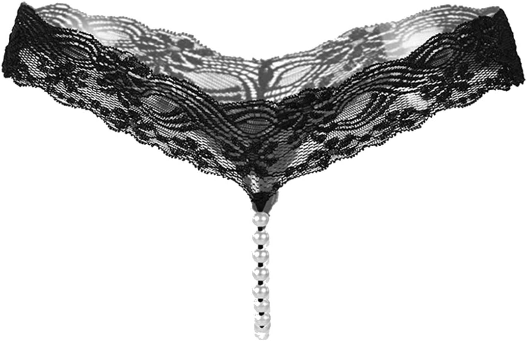 Women's Sexy Lace Pearl T-Back Panties G-String Thongs Panty(Black)