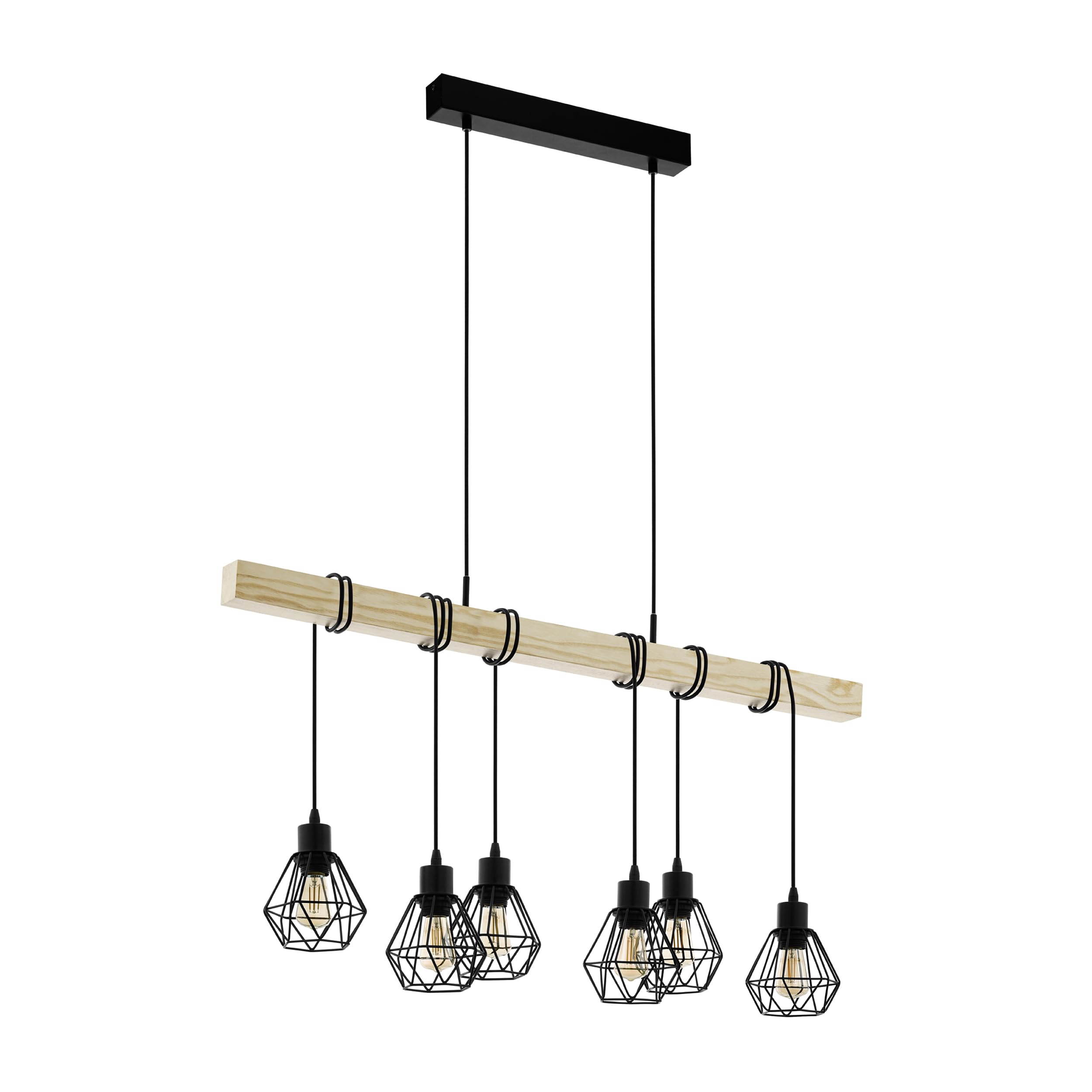 Eglo Pendant Lighting Townshend 5, 6-lamp Vintage Ceiling Light Fitting, Industrial Hanging lamp for Living and Dining Room, Black Metal and Natural Wood, E27 Socket — image 1
