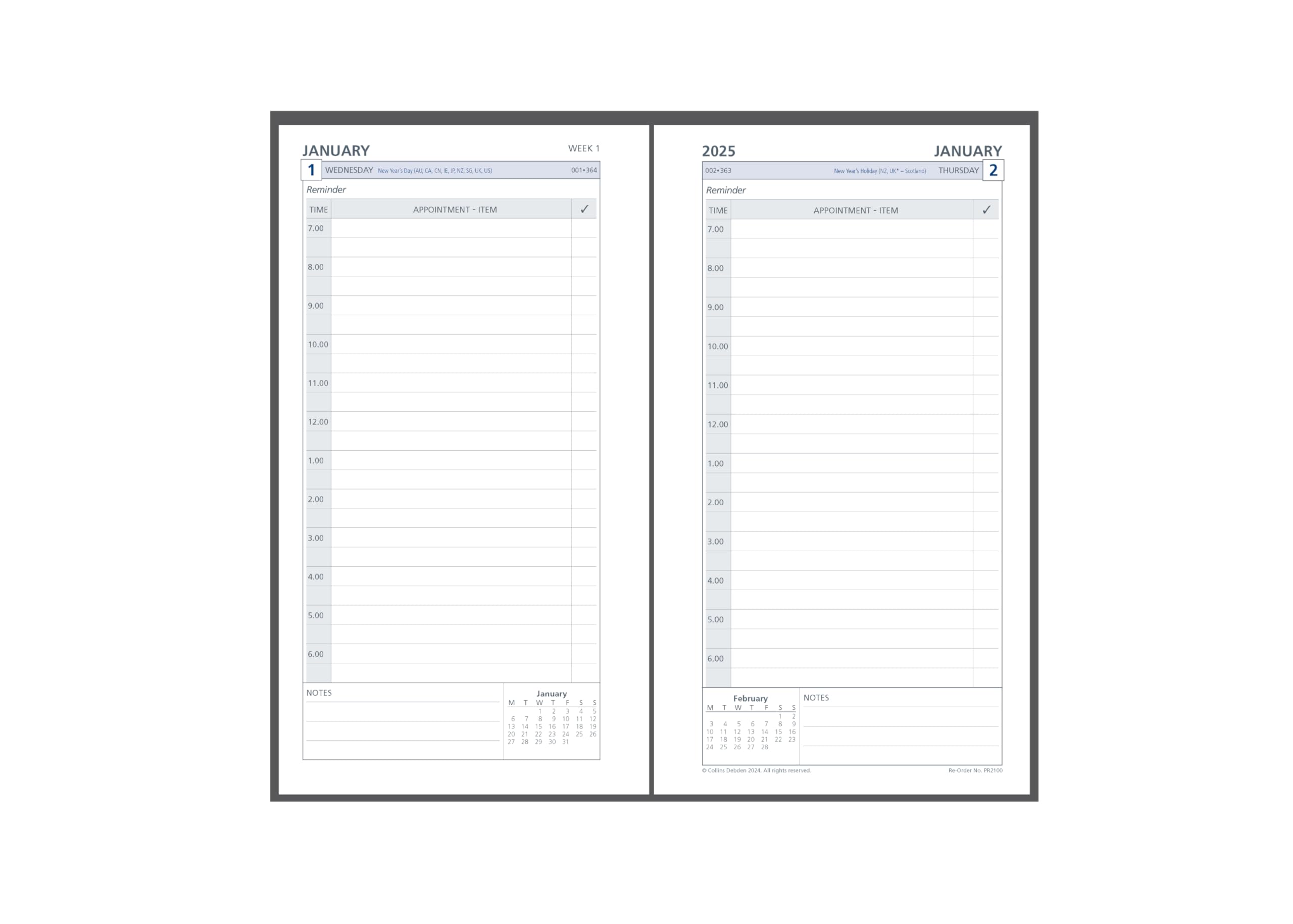Collins 2025 Day to a Page Personal Organiser Refill (PR2100) - compatible with six hole organisers - (172 x 96mm)