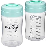 Motif Medical Breast Milk Storage Bottles for Luna Breast Pump - Durable Plastic Breastfeeding Essentials w/Locking Rings, Lids &amp; Nipple Caps - Breast Milk Container (Set of 2, 160 ml)