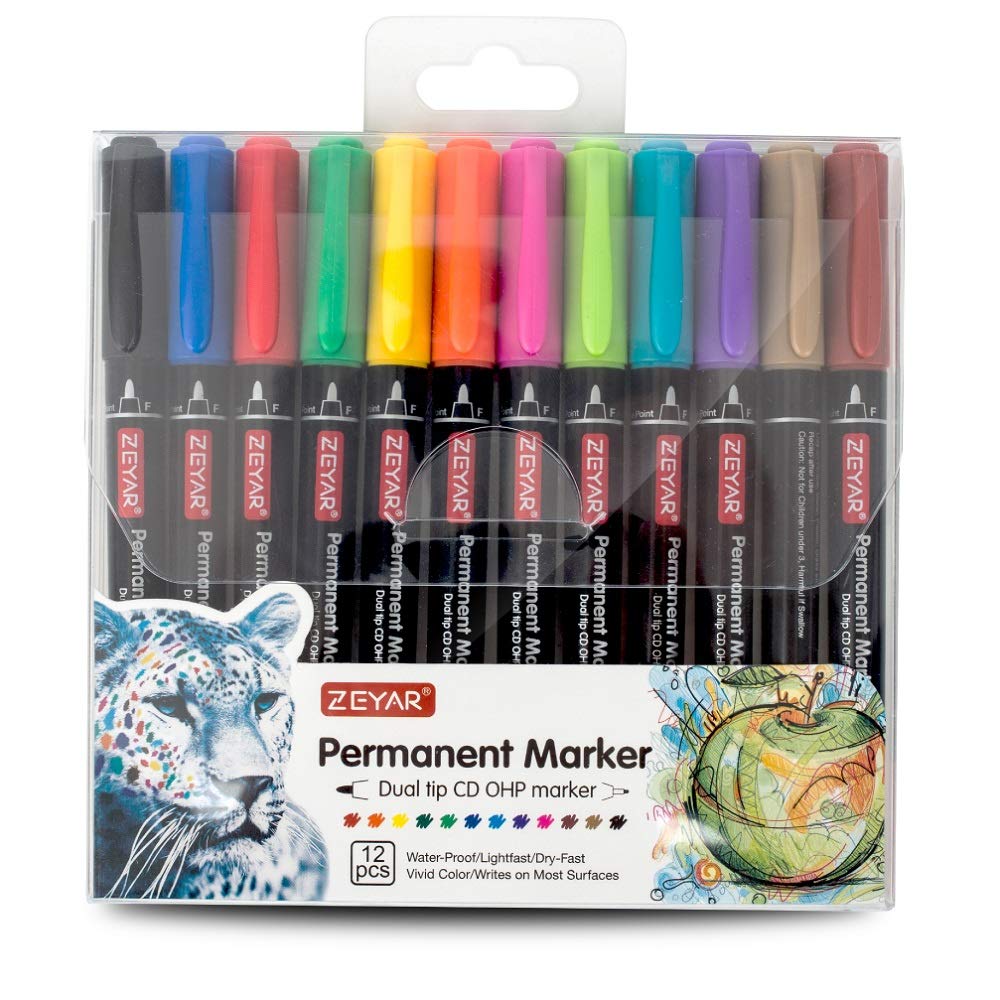 ZEYAR Twin Tip Permanent Markers, CD/DVD Markers, 12 Color, Ultra Fine Point and Fine Point for Signature and Marking (12 Colors)