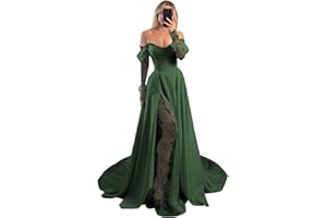 wayfor Off Shoulder Satin Wedding Dresses Lace Long Sleeve Prom Dresses Corset A-Line Ball Gowns with Slit