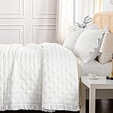 HIARUO 2-Piece Twin Quilt Set - Soft Warm Ultrasonic Reversible Pleated Ruffled Coverlet Bedspread Set (68 x 90 Inch) with 1 Pillow Sham (20 x 26 Inch), Lightweight White