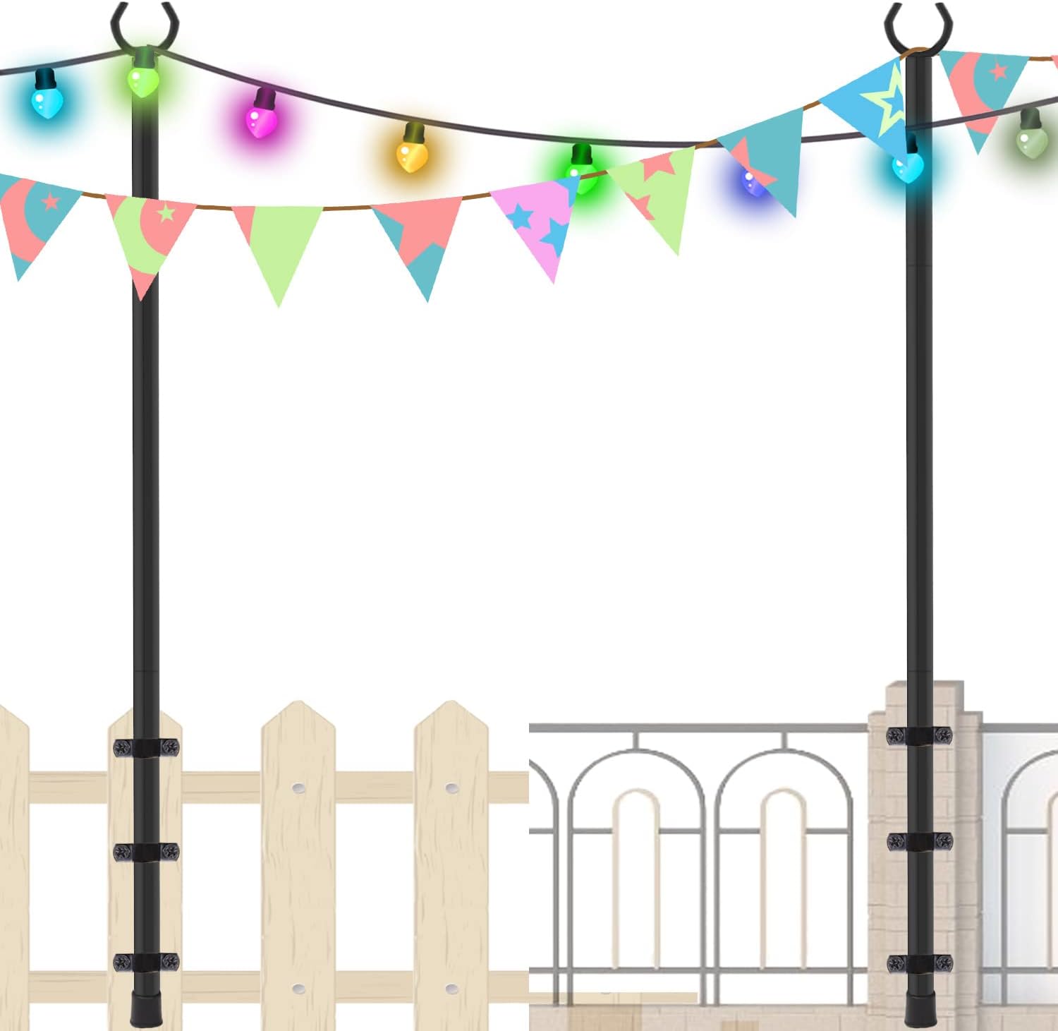 Flagpole Hardware - RINLAIN Outdoor Poles 2 Pack, 8.3ft Height Adjustable Metal Pole with Hooks for Hanging String Lights, Garden, Backyard, Patio Lighting Stand for Parties, Wedding (Black)