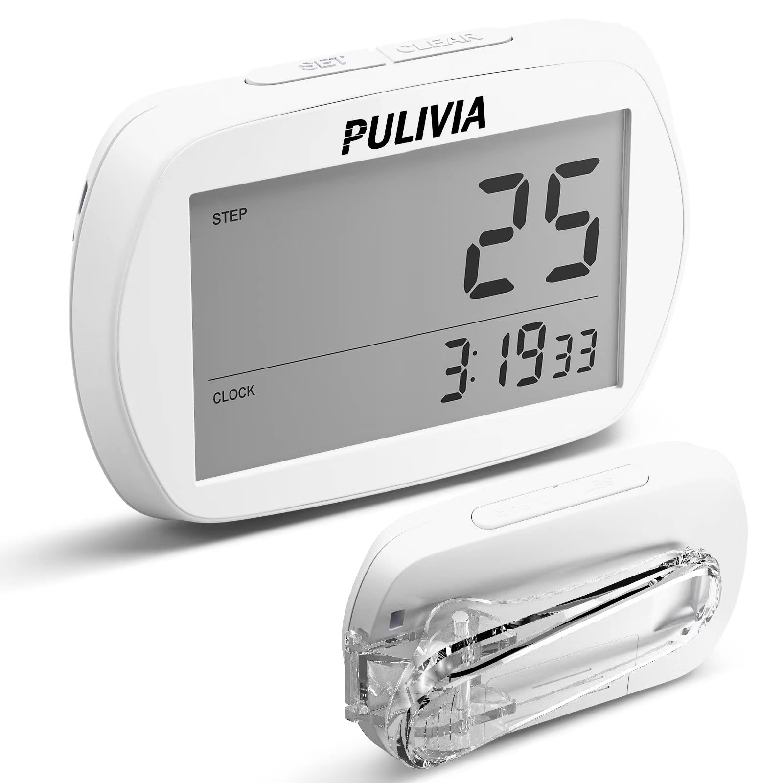 PULIVIA Pedometer for Walking 3D Step Counter with Clock, Simple Operation Portable Steps Tracker with Clip Lanyard, White