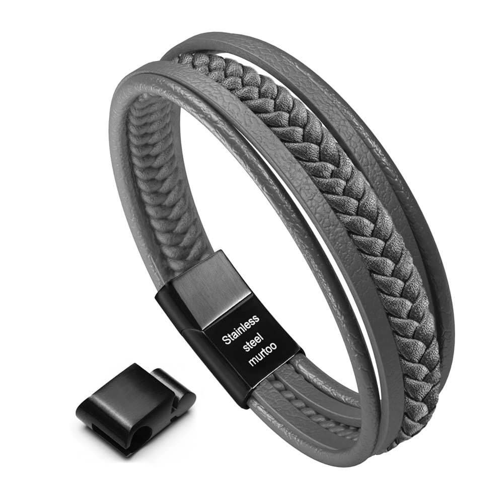 murtoo Bracelet for Man Cowhide Genuine Leather Women Unisex Cuff Wrap Bracelet Brown Black Multi-Layer Magnetic Clasp Rope Wristband (Dark Gray, 8.7)