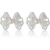 MYHAO Bow Stud Earrings Ribbon for Women Teens 925 Sterling Silver Bowknot Earrings Studs Pearl Hypoallergenic