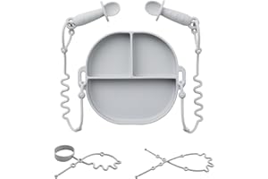 Andy Bear Silicone Plates for Babies with Suction Divided Baby Spoons Silicone Baby Toy Straps All-in-one Plates Silicone Placemat for Babies Toddlers Attachable Tethers & Built-in Suction Cups-Blue