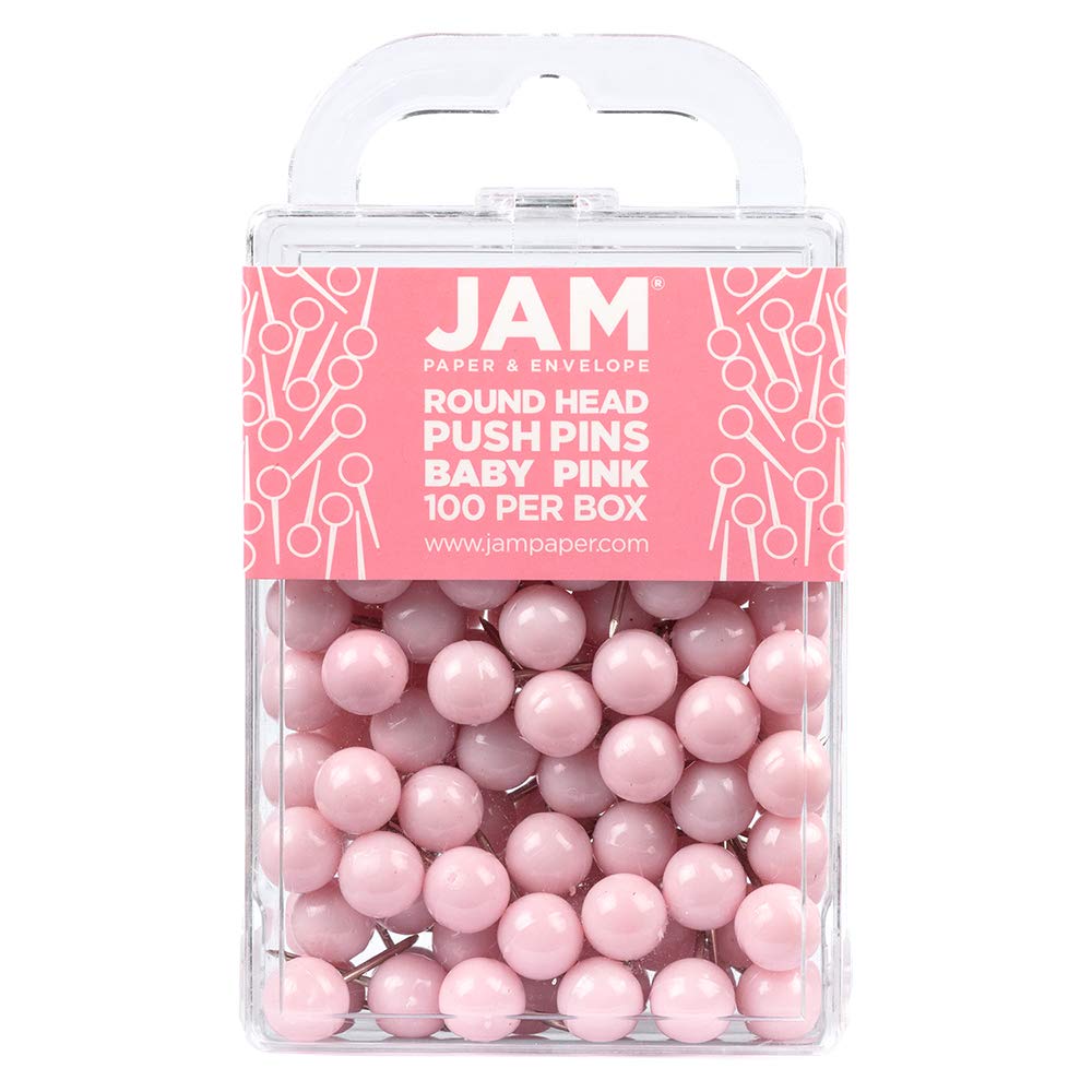 JAM PAPER Colourful Push Pins - Round Head Map Thumb Tacks - Baby Pink Pastel Pushpins - 100/Pack