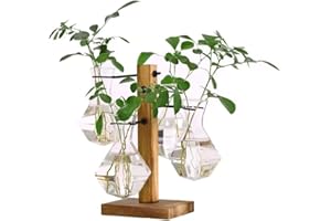 HUNIUPORE Plant Terrarium Wooden Stand, Hydroponic Planter Bulb Glass，Desktop Hydroponics Air Planter Holder with 4 Bulb Beaker Glass Vase for Home Office Decoration (Style 1)
