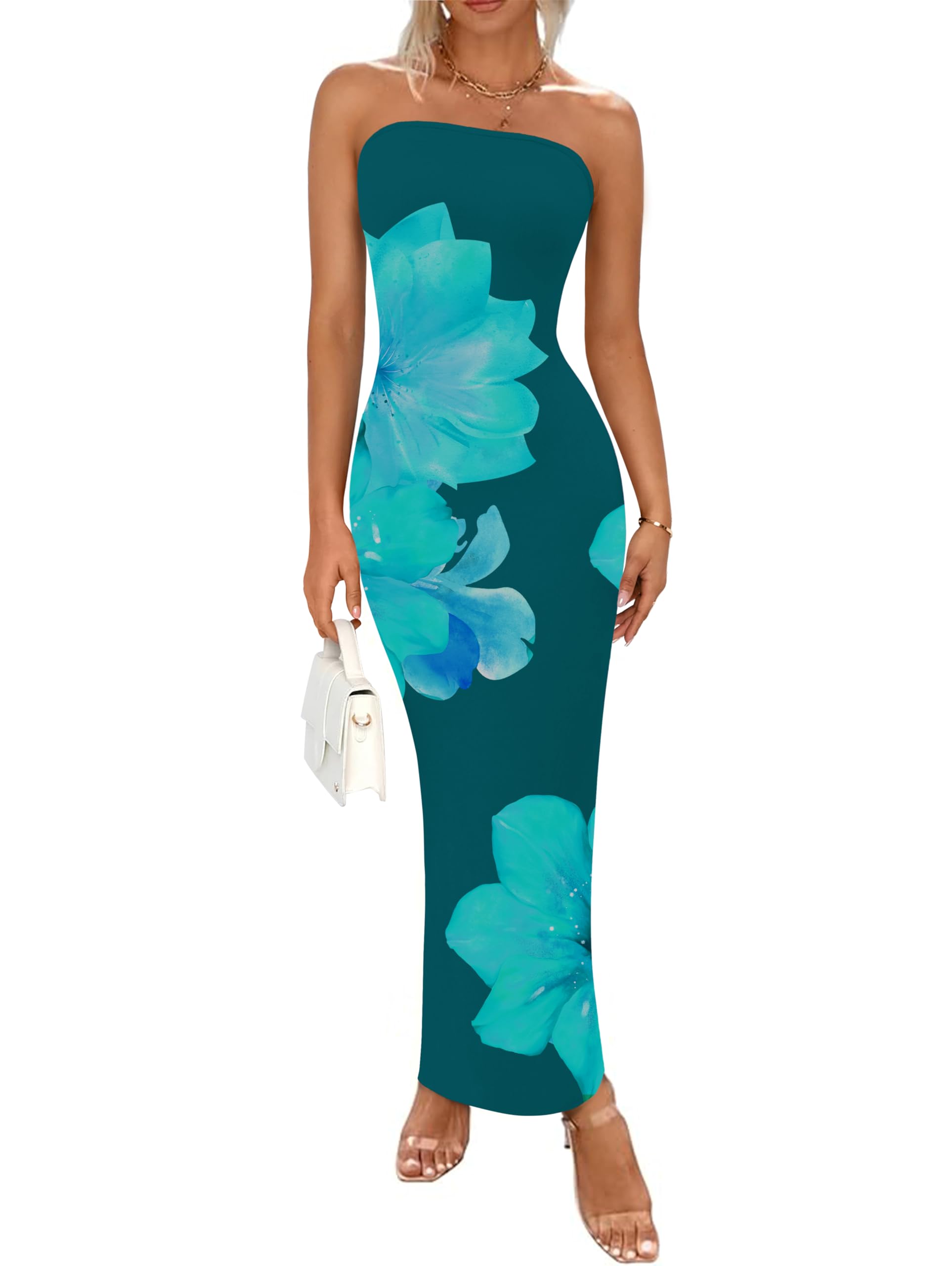 PRETTYGARDEN Women Summer Strapless Maxi Dress Bodycon Floral Sexy Long Wedding Guest Dress Formal Tube Mesh Cocktail Dresses(Dark Green Floral,Small) Image