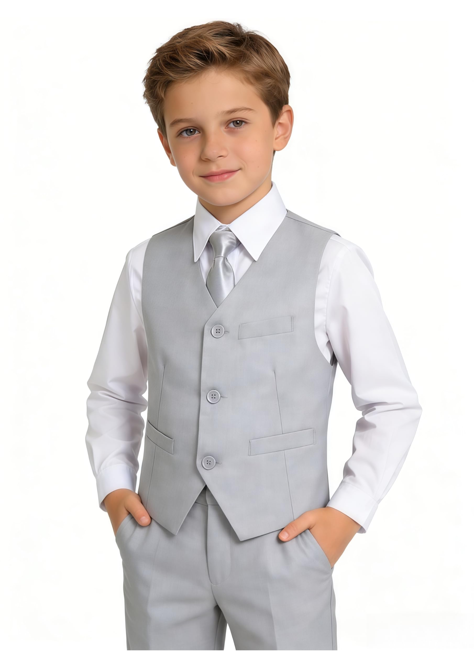 YuanLu Tuxedo Suits for Kids, Slim Fit Suit Boys Formal Outfit for Wedding Church, Teen Youth Boy Suit Set with Dress Pants Vest Shirt for School Dress Clothes Gray Boys Suit Size 20 Image