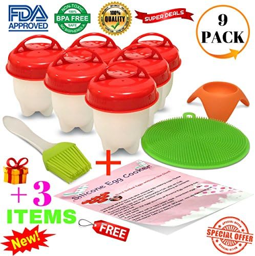 Egglettes Egg Cooker Set, Non-stick Silicone Egg Maker Cups for Hard &amp; Soft-Boiled Steamer Eggs Without Shell Eggies AS SEEN on TV BPA Free 100% Pure Silicone Egg Poachers 6 PACK + 3 BONUS ITEMS FREE