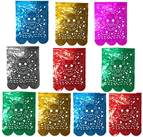Tio Chente's Metallic Day of the Dead Papel Picado Paper Banner with 10 Vertical Panels - Great for Mexican Party Fiesta Decorations
