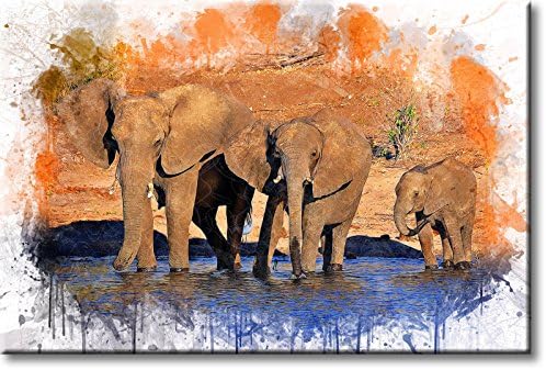 African Elephants Crossing Water Picture on Stretched Canvas, Wall Art Décor, Ready to Hang