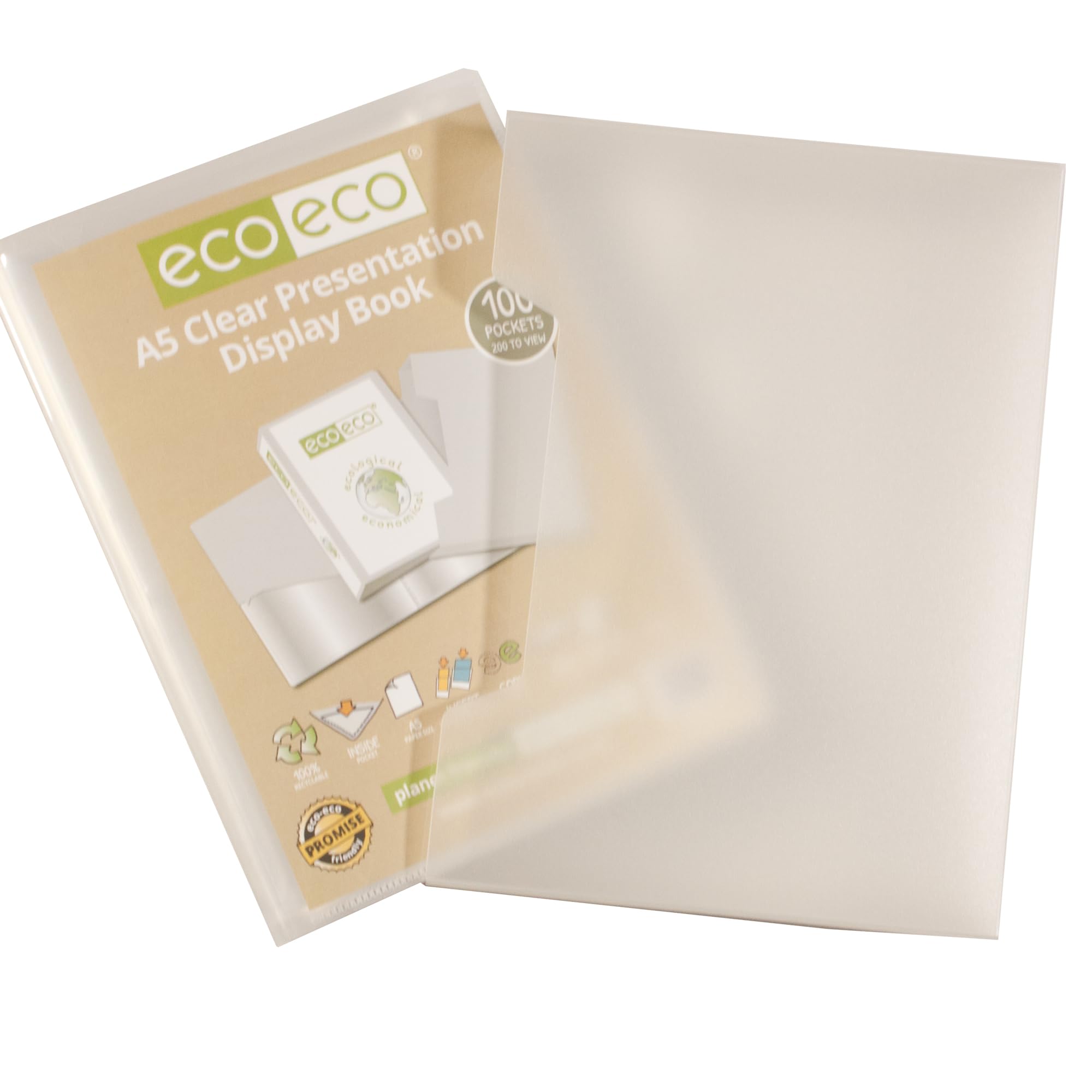 eco-eco A5 Size 50% Recycled 100 Pocket Clear Presentation Display Book, Storage Case Portfolio Art Folder with Plastic Sleeves with Clear Display Box, eco150