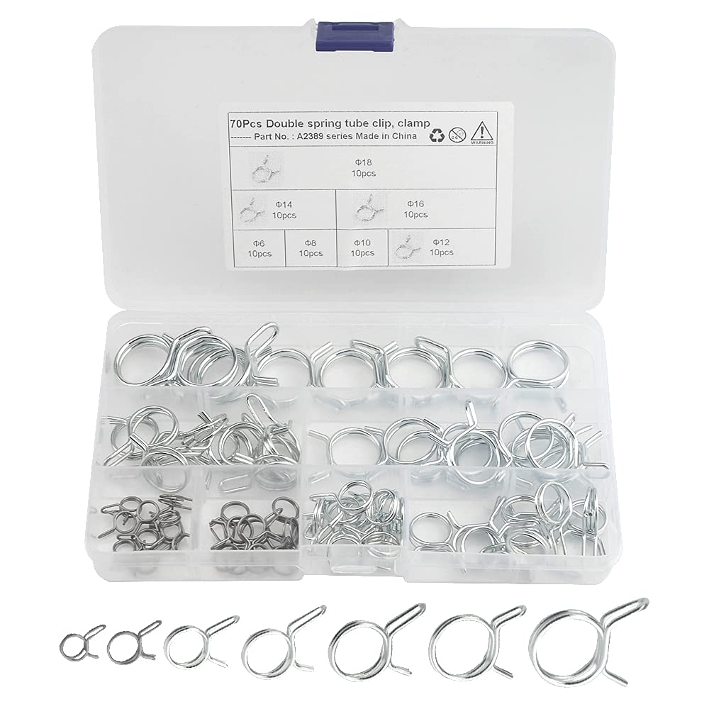 WMYCONGCONG 70 PCS Double Wire Fuel Line Hose Tube Spring Clips Clamp Assortment Kit Irrigation Hose Clamp for Motorcycle ATV, 6-18mm