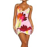 Women's Y2K Floral Mini Dress Sleeveless Backless Spaghetti Strap Bodycon Short Dress Sexy Slim Fit Going Out Club Outfit