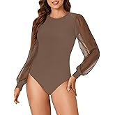 Vrtige Women's Elegant Crewneck Mesh Sheer Long Sleeve Fitted Bodysuit Top Leotaed