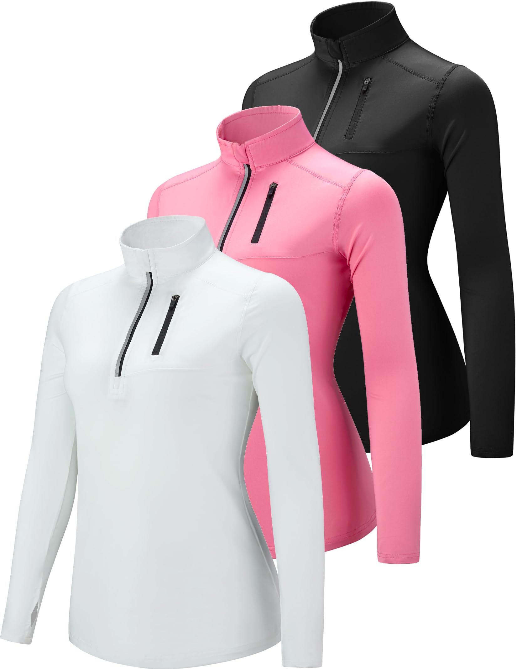 Photo 1 of 3 Pack: Women's Quick Dry Long Sleeve Quarter Zip Pullover Workout Shirts with Thumb Holes and Pocket (Set 2, X-Large)
