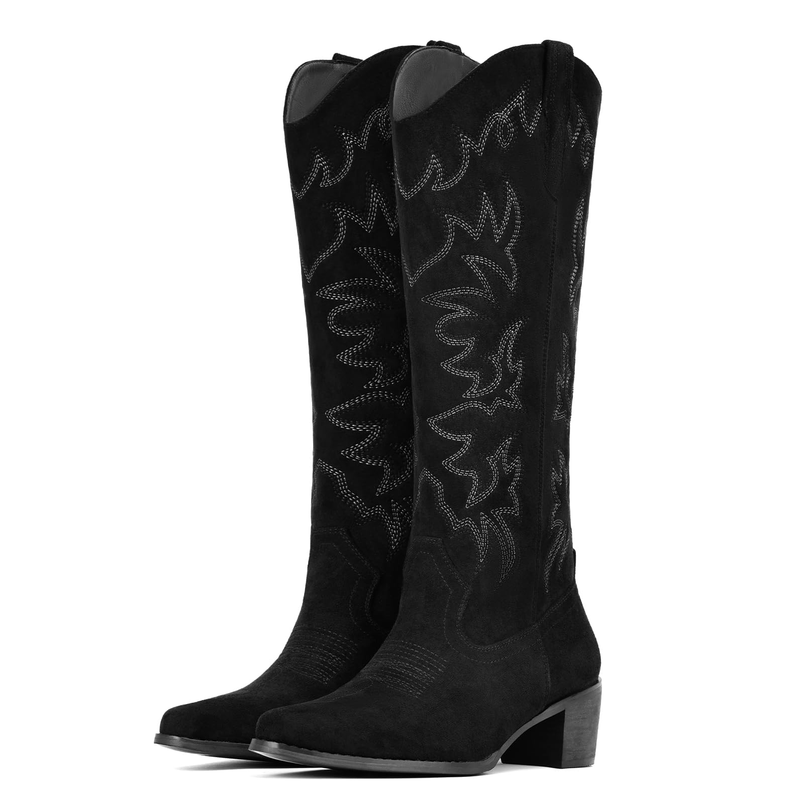 IUV Cowboy Boots For Women Wide Width Knee High Western Cowgirl Boots Snip Toe Side Zipper Chunky Heel Image