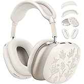 [4 in 1] Flower Engraved Silicone Case Cover for AirPods Max USB-C (2024), Anti-Scratch Sweat-Proof Ear Pad Case Cover/Ear Cups Cover/Headband Cover Accessories for AirPods Max Headphones (Stone)
