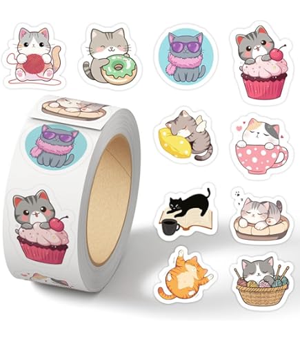500-Piece Cute Cartoon Cat Stickers - 1 Inch Self-Adhesive Paper Labels For Crafts