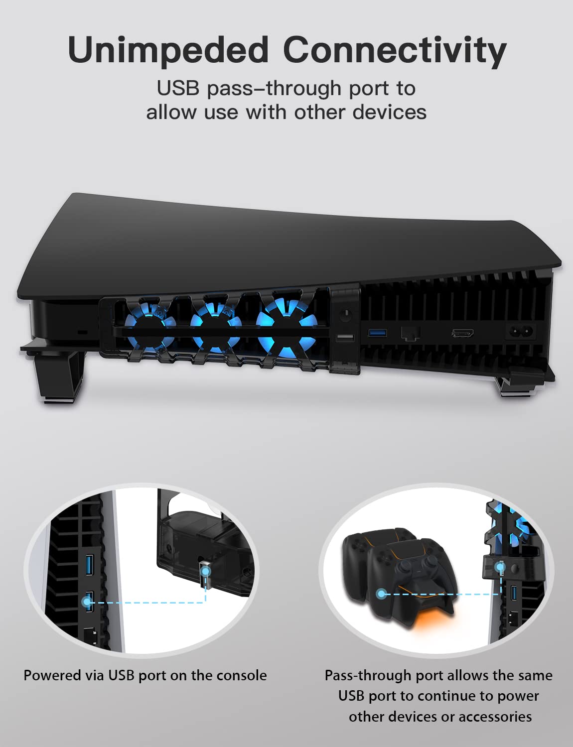 NexiGo PS5 Horizontal Stand with Slient Cooling Fan, [Auto On/Off], [Minimalist Design], Compatible with PlayStation 5 Disc & Digital Editions, Built-in LED Light, Extra USB Port, Black